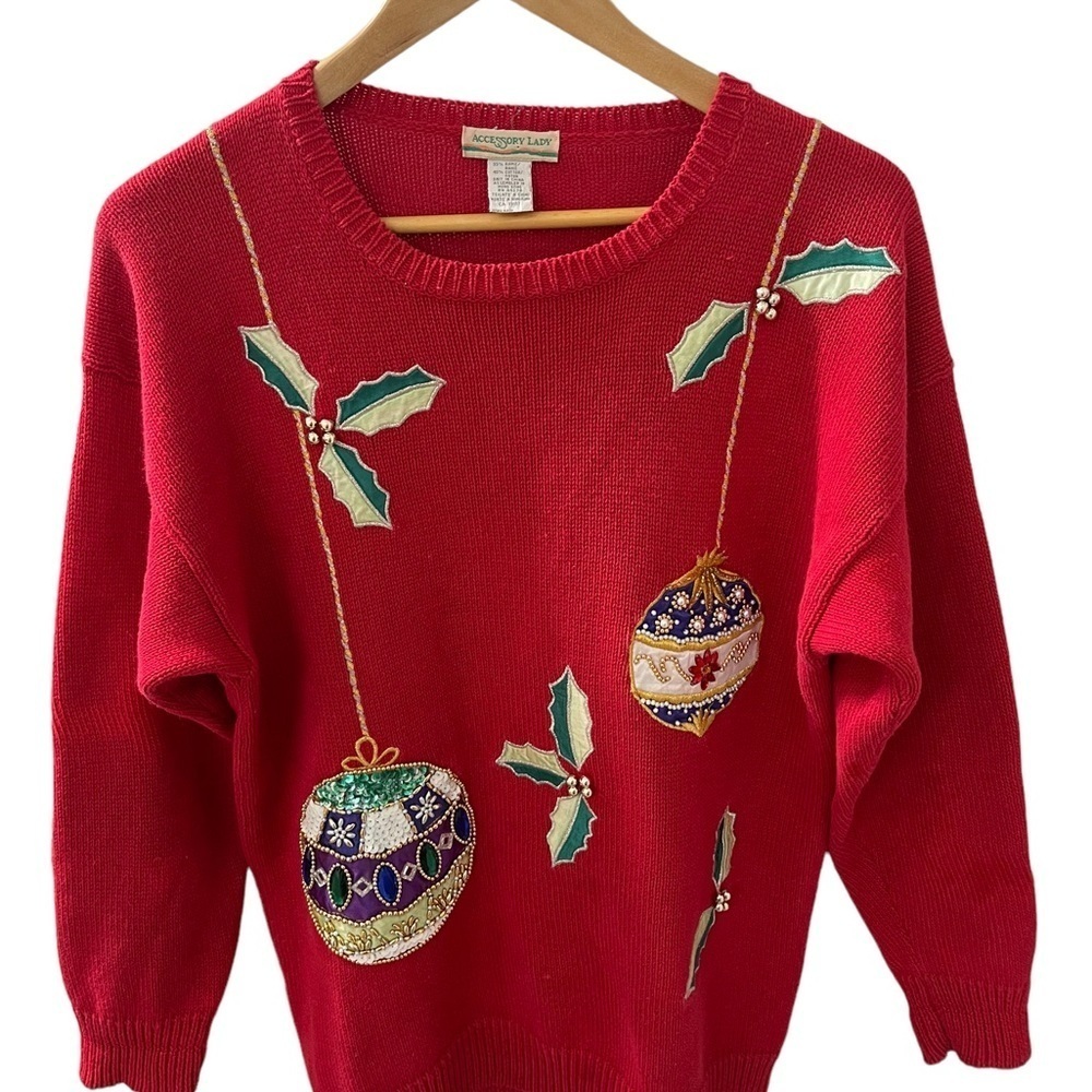 Red Holiday Crewneck Sweater with Ornament Embellishments